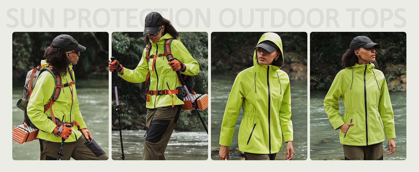 Women's Athletic Hooded Windbreaker Clothes - Lightweight Waterproof Solid Long-Sleeve Outdoors Top with Large Zippered Pockets, Windproof Zipper for Hiking, Daily Commuting