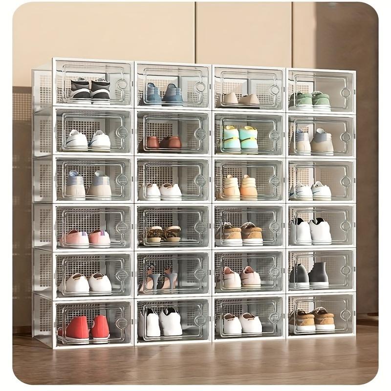 12 Pcs Thickened Clear Shoe Box with Cover, Foldable Shoe Rack Stackable Shoe Rack, Free Combination, Plastic Sneaker Container, Space-Saving Storage Organizer