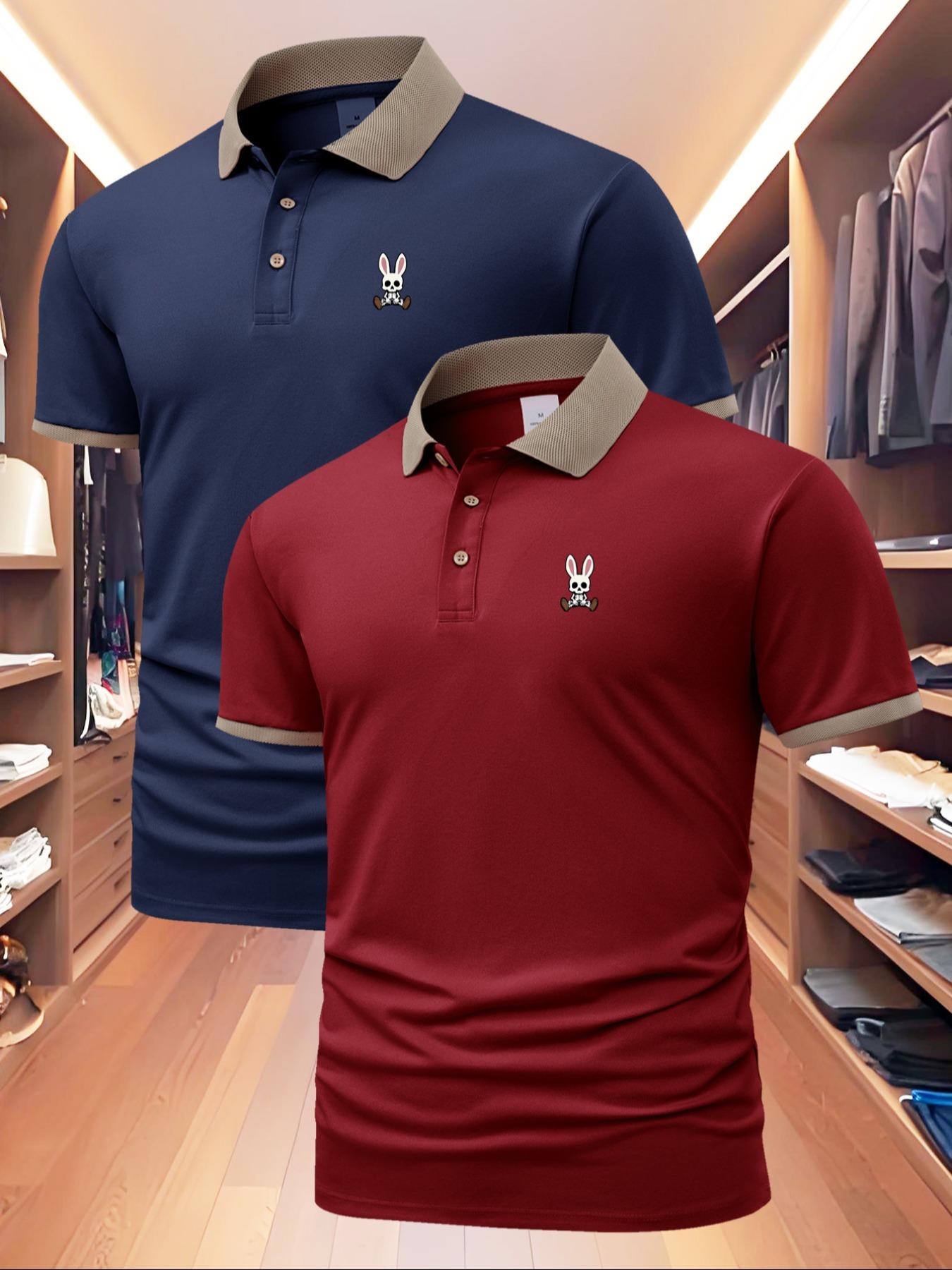 Men's Regular Fit Rabbit Print Polo Shirt, Casual Short Sleeve Collared Top for Summer, Fashion Men's Clothes for Daily Wear, Tropical