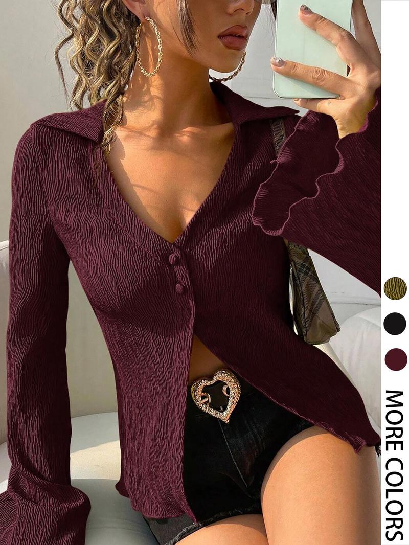 Women's Solid Color Bell Sleeve Blouses, Casual Elegant Long Sleeve Top for Daily Wear, Ladies Clothes for All Seasons