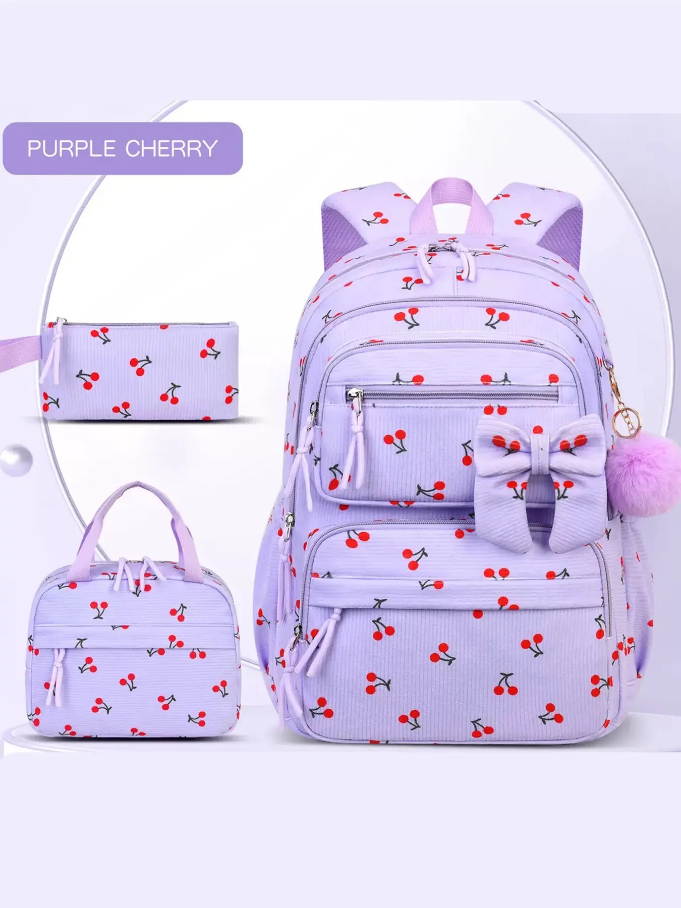 Three-Piece Corduroy Backpack Set with Bowknot Decor, Cherry Plaid Print, Large Capacity, School & Outdoor Use, Girls' Backpack