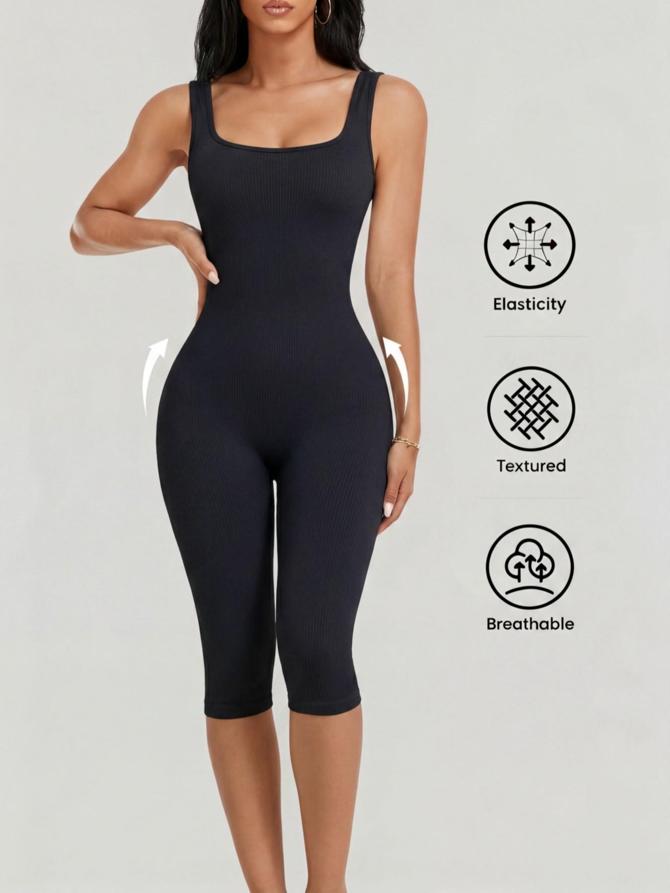 1/2PCS Women's Yoga Capri Jumpsuit Square Neck Backless Tummy Control Butt Lifting, Yoga Workout Jumpsuits Workout Shorts Romper Seamless Ribbed Sleeveless Unitard Fitness Gym for Gym Sports