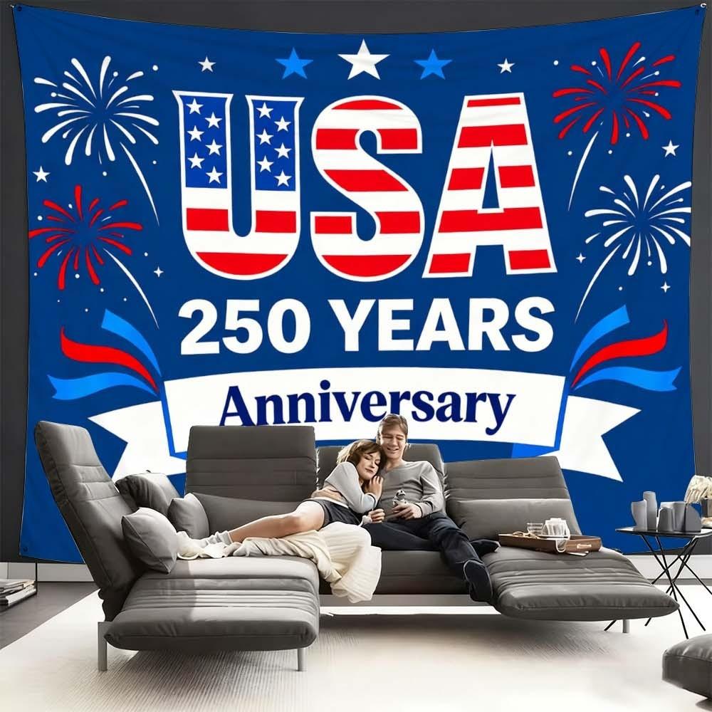 1PC USA 250 Years Anniversary Tapestry Wall Decoration Fabric for Independence Day Celebration Living Room and Bedroom Atmosphere Enhancement Fireworks Pattern for Daily Gatherings and Festive Home Decor