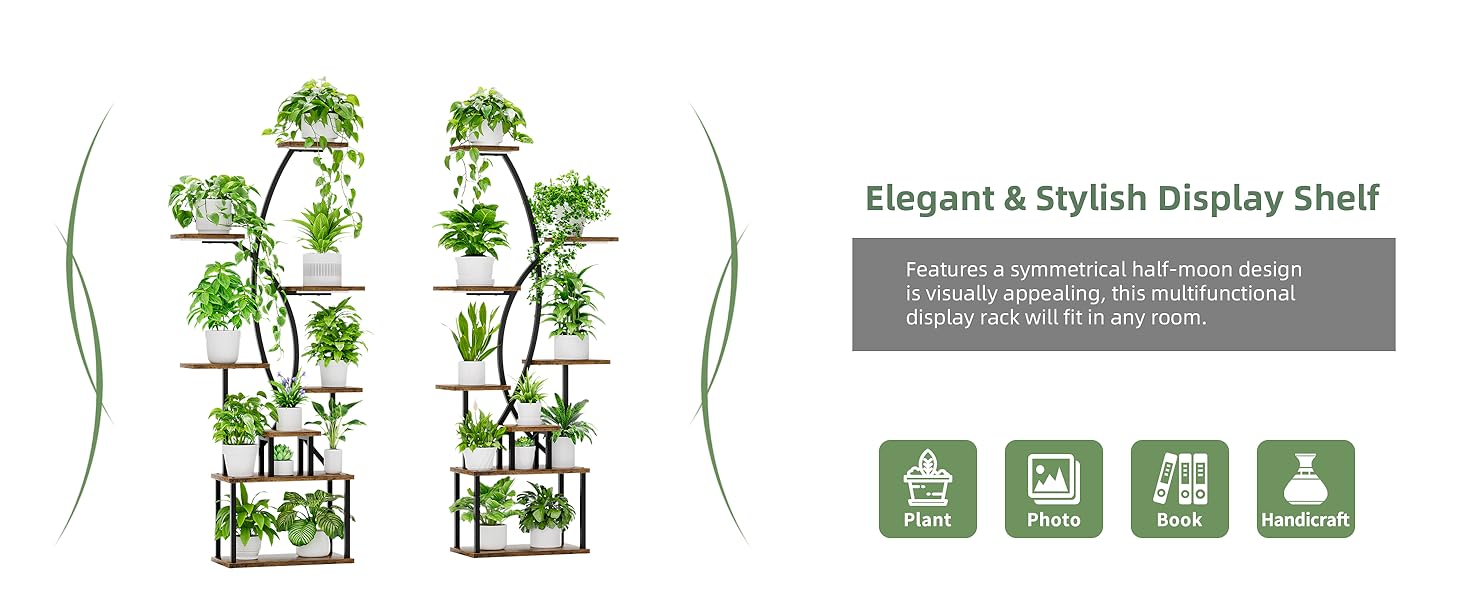 2 Pcs Plant Stand Indoor with Grow Lights - 8 Tiered Tall Plant Shelf, 65" Metal Shelves for Plants Multiple, Large Curved Half-Moon Flower Holder Stand Display Rack