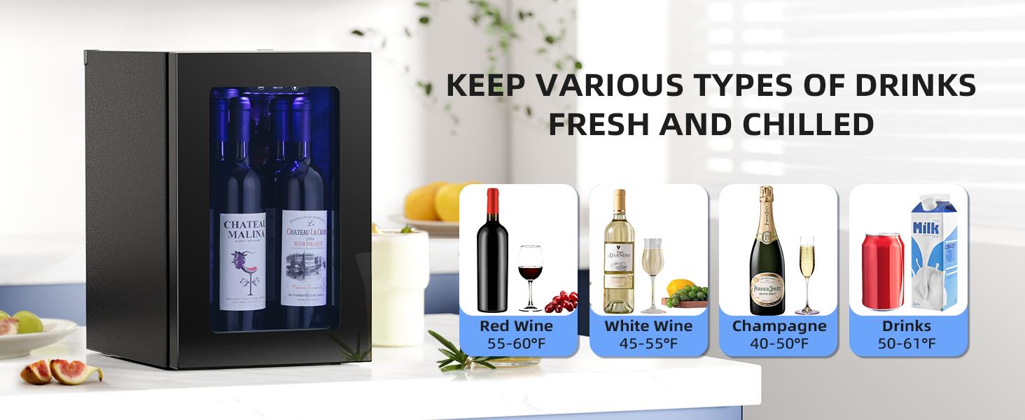 Antarctic Star 0.6Cu. Ft. Freestanding Wine Cellar Mini Fridge, 4-Bottle Red Wine with 6-Can Beverage Refrigerator, Quiet Compressor, LED Light and Display, 40-61 ℉, Black
