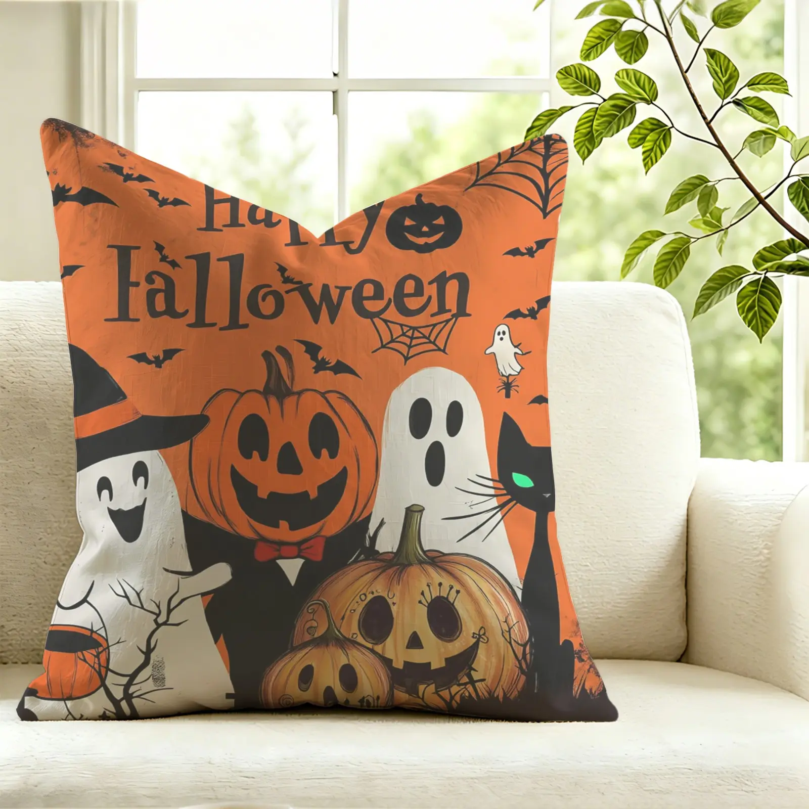 1Pc Halloween Ghost Pumpkin Witch Throw Pillow, Soft Decorative Cushion Accent Pillow, Includes Pillow Core, Builds Cute Spooky Holiday Atmosphere, Easy To Decorate Beds, Sofas And Car Interior For Halloween Home Arrangement