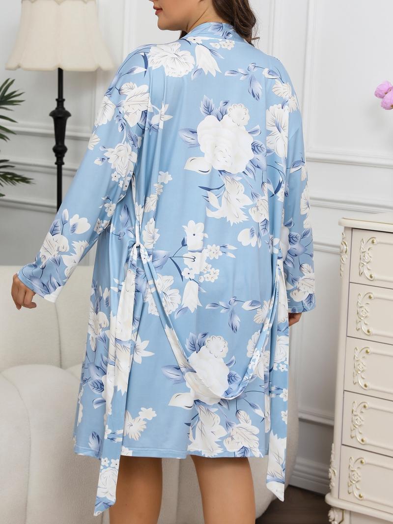 【Plus Size】 Floral Print Cami Nightdress & Bathrobe Set, Casual Soft Comfortable Nightdress & Long Sleeve Dressing Gown, Women's Sleepwear for All Seasons, Casual Comfy Nightdress