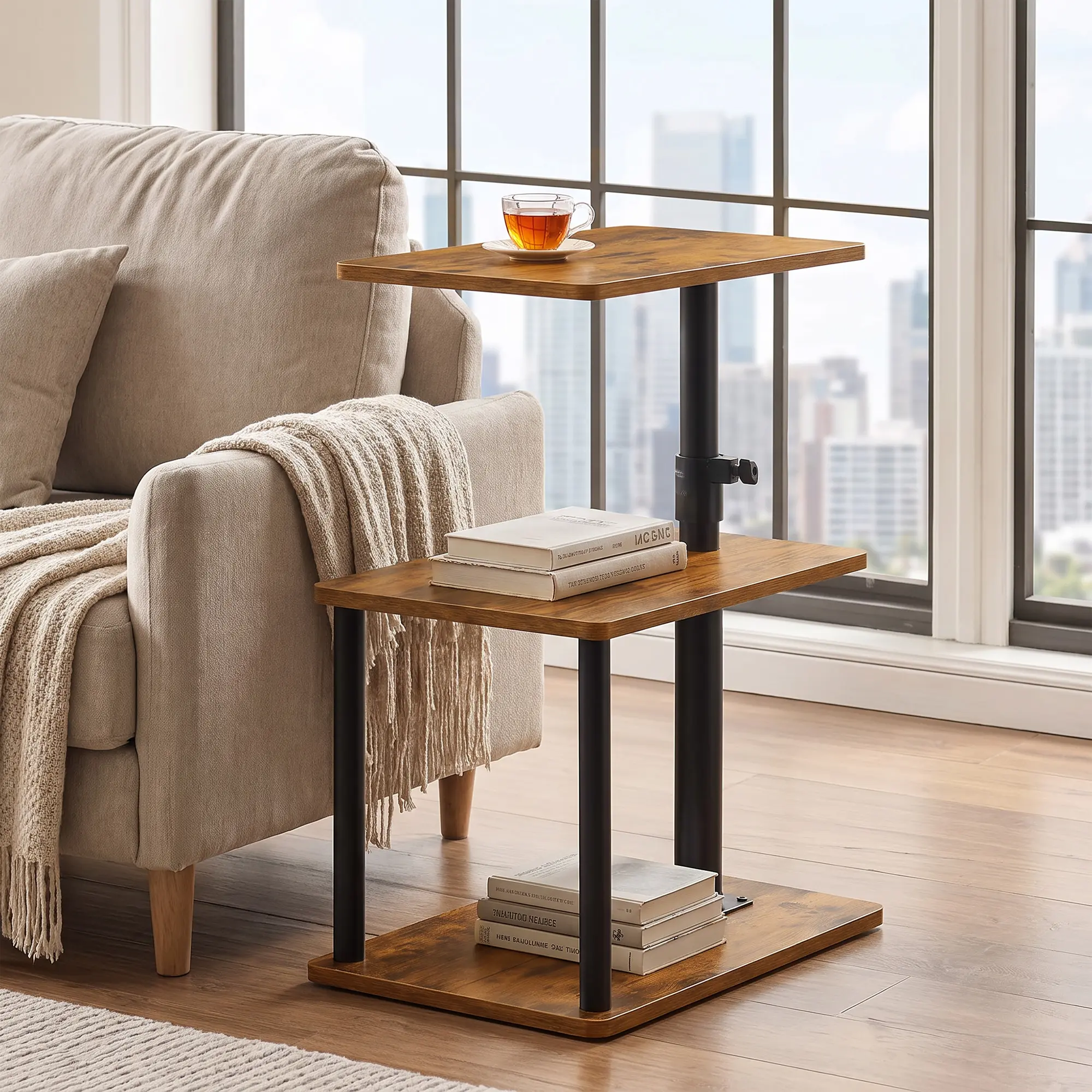 Garvee C Shaped Swivel End Table with Storage,Height Adjustable Side Table with 360° Rotating Top, 3 Tier Storage Shelf, C Table End Table for Living Room, Bedroom