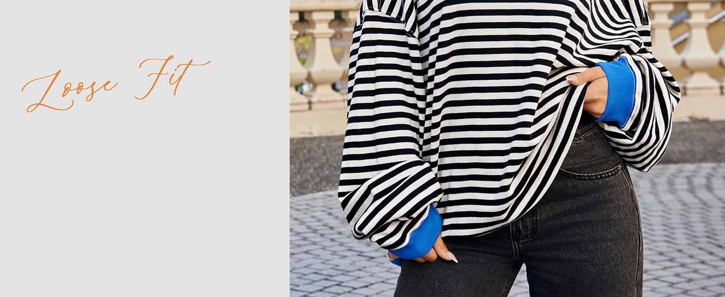 FISOEW Womens Striped Oversized Sweatshirt Color Block Crew Neck Long Sleeve Shirt Casual Loose Pullover Top Y2K Clothes Hoodie denimtearhoodie pink palm zip hoodie graphic zip Leg Baggy Womenswear Cotton