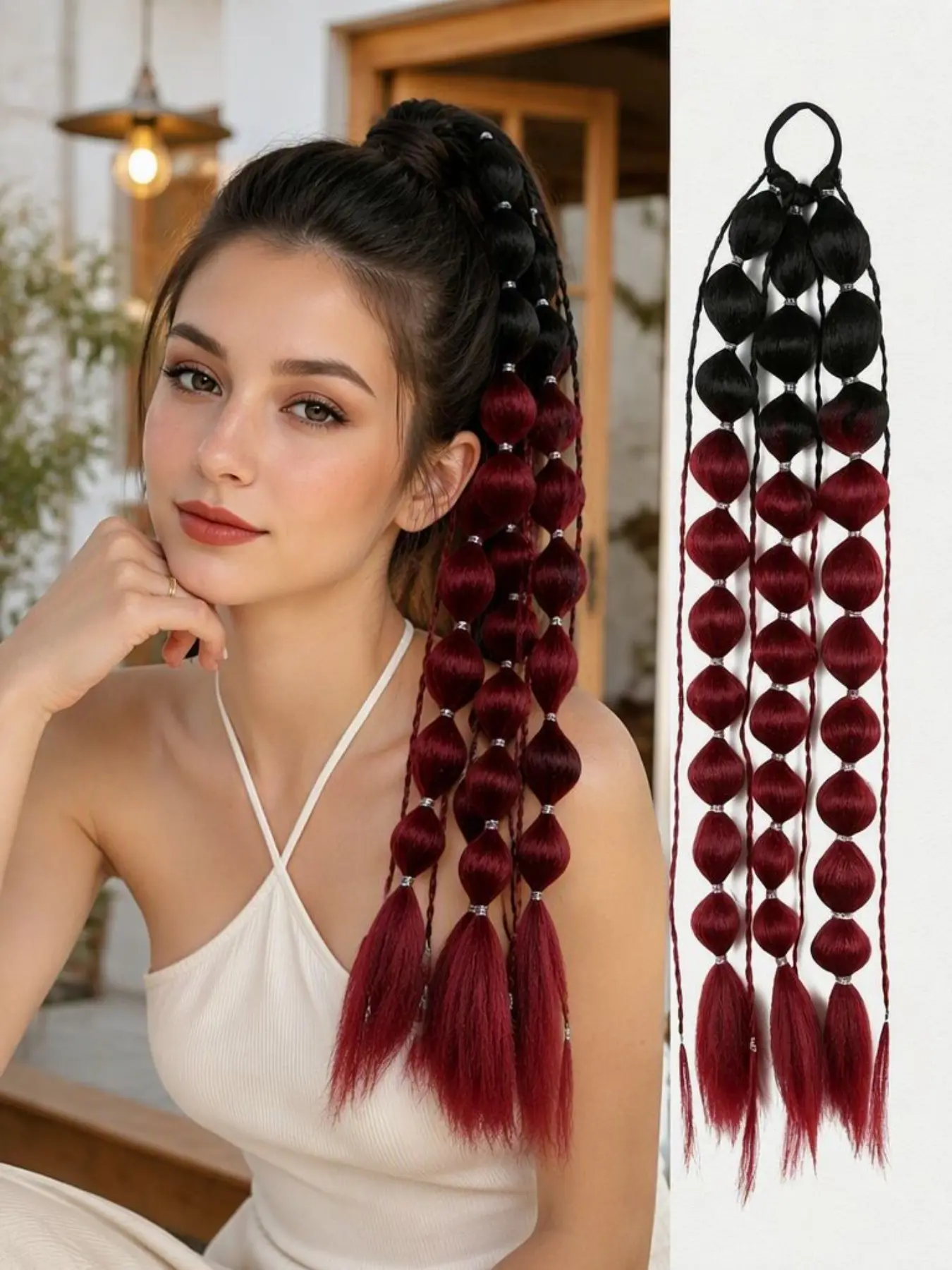 1-piece 26-inch gradient bubble braided ponytail extension, Ponytail hair extensions, colorful synthetic fiber bubble ponytail with elastic band, lightweight and suitable for women and girls, perfect as a wig accessory for parties, Halloween, cosplay