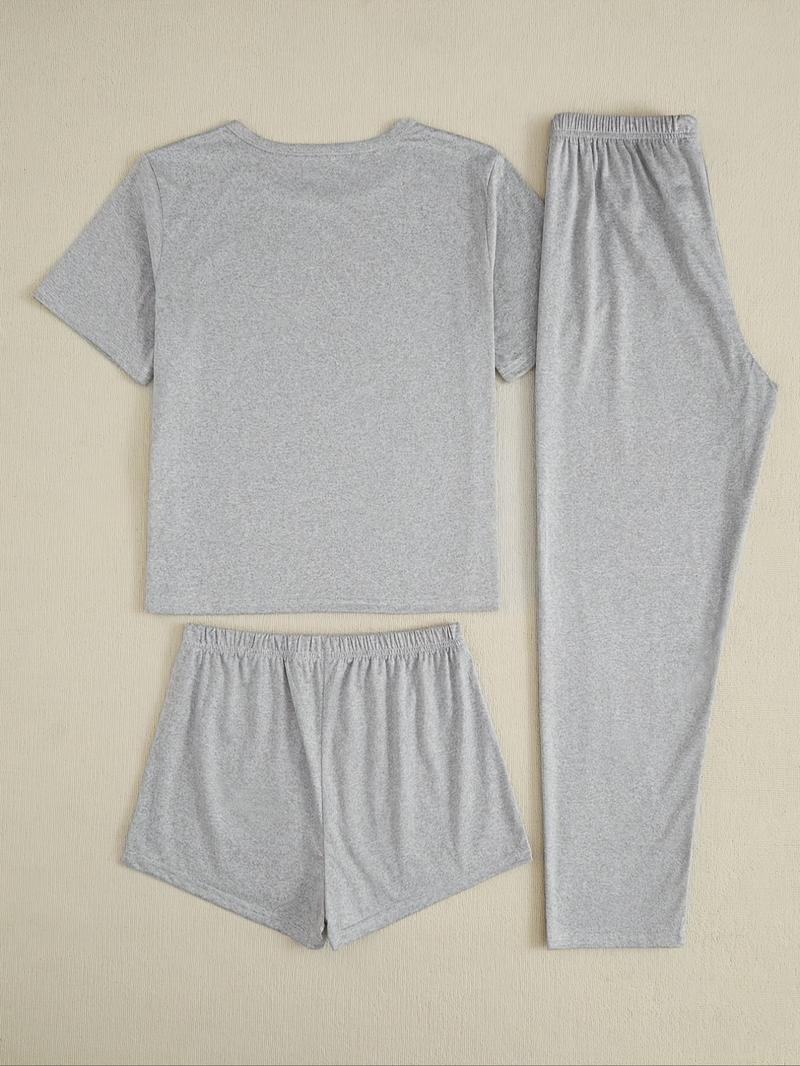 Women's Heart Print Tee & Pants & Shorts Pyjama Set, Casual Comfy Round Neck Short Sleeve T-Shirt & Trousers & Shorts PJ Set, Ladies Sleepwear for All Seasons, Loungewear, Shorts Pajama Set