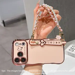 Luxury Electroplated Wave Pattern Dual Heart Large Window Wrist Strap Full Cover Anti-Scratch Anti-Drop Protective Phone Case for Apple iPhone 17pro Max 16pro 15 14 13 12 Casing
