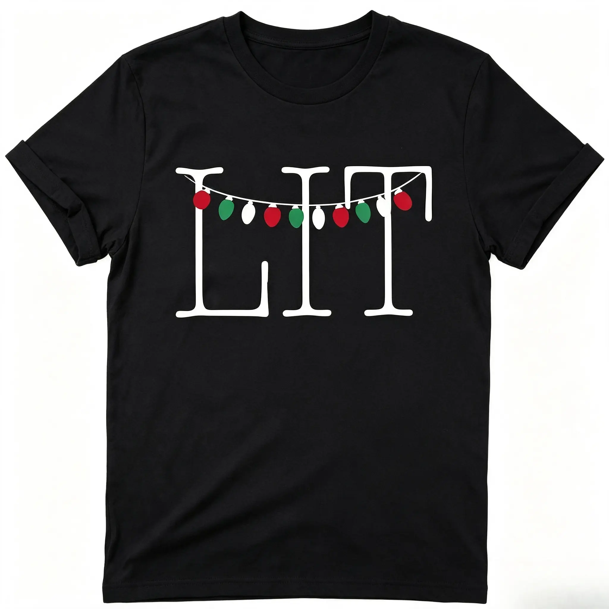 LIT Christmas String Lights Graphic Cotton T-Shirt, Oversized Comfort Fashion Outfit, Cute Holiday Casual Top, Perfect Christmas & Valentine's Day Holiday Gift for Lovers, Family and Friends For Him Her