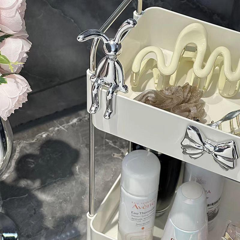 Two-Layer Makeup Storage Box with Rabbit Bow Decor, Multifunctional Bathroom Organizer, Compact Space-Saving Design, Perfect Gift