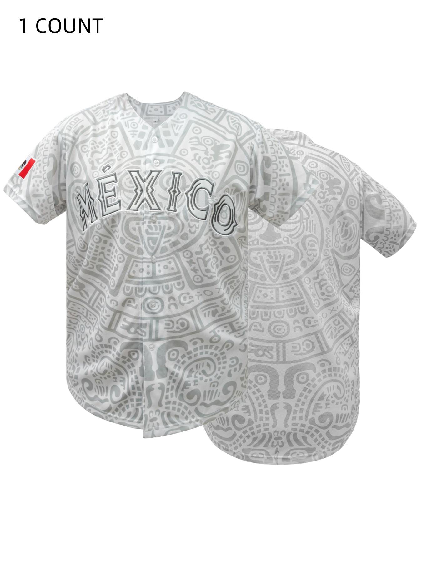 Mexico Men's Letter & Figure Patched Button Short Sleeve Sports Lightweight Stylish Jersey, Loose Breathable Soft Comfort V Neck Top for Baseball, Outdoor Clothing for Soccer Team Birthday Gifts Party Shirt, Athletic Techwear