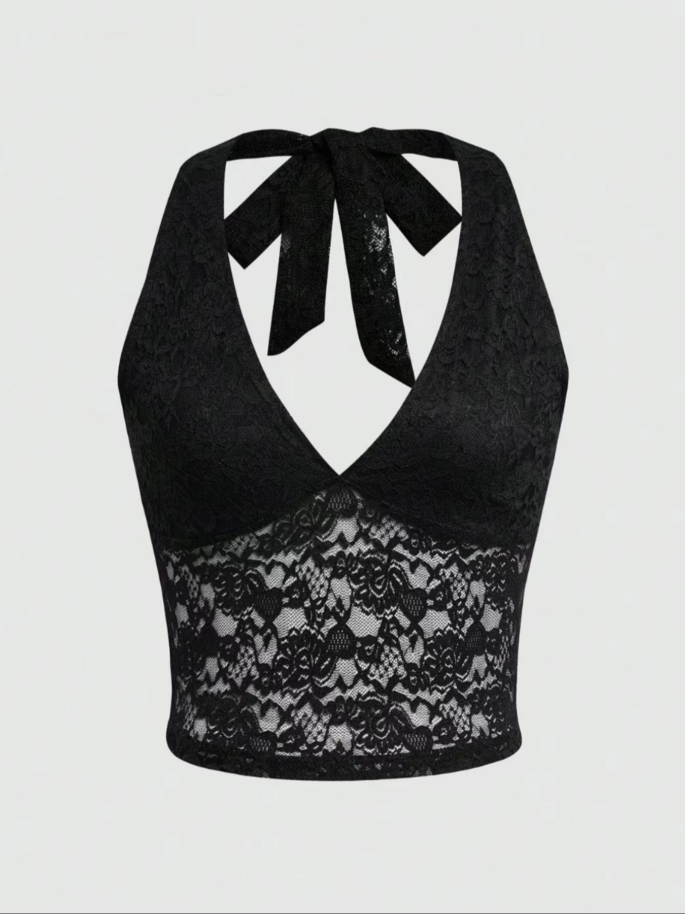 A women's black lace strapless backless V-neck short-sleeved fitted top with a sexy and bold girlie style