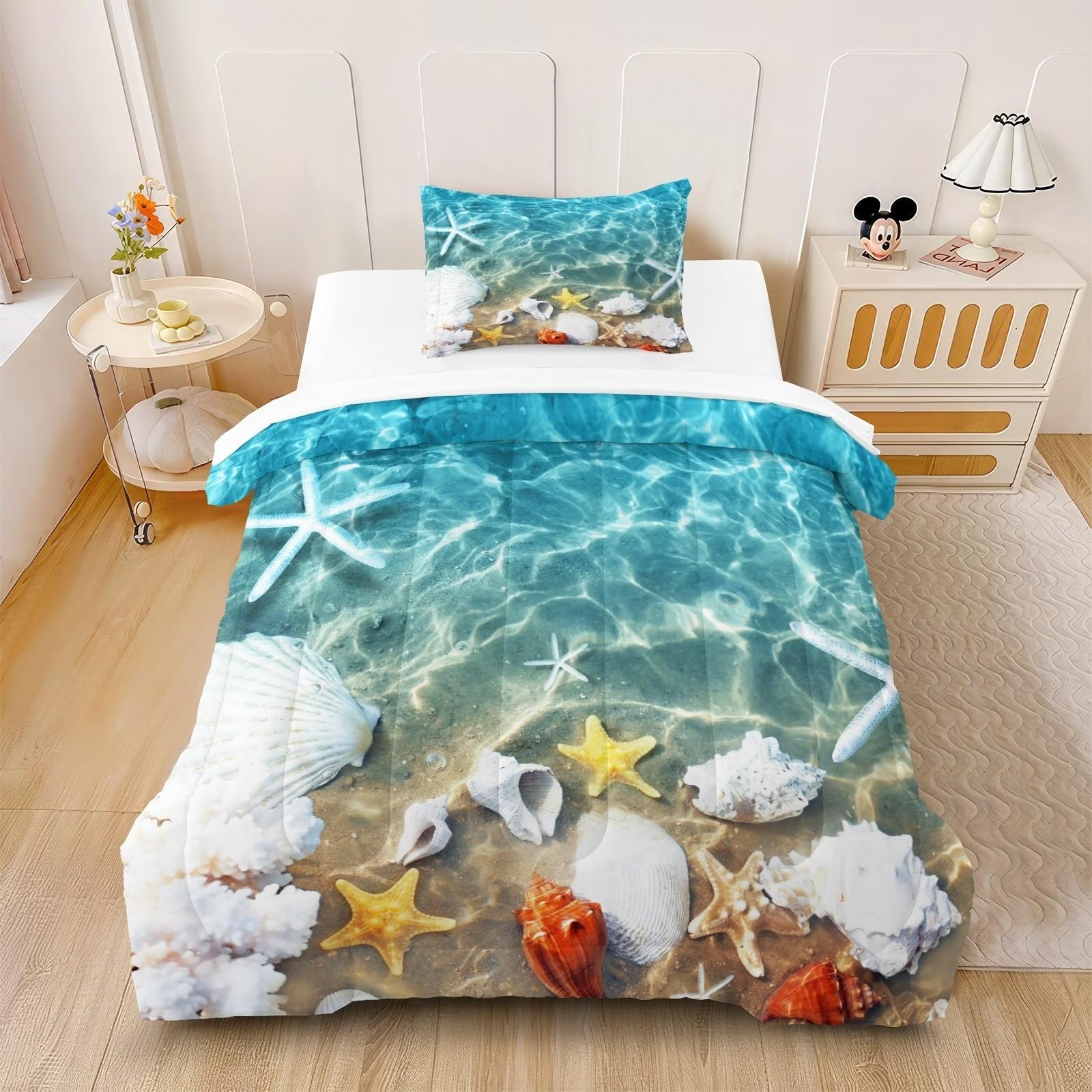 3pcs Bedding Set with Quilt and Pillowcase, Starfish and Shell Print, Comfortable and Breathable, Suitable for Adults, Teens, Kids