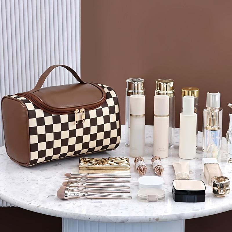 Checkerboard Pattern Makeup Bag, 1 Count Large Capacity, Portable Makeup Brush Organizer, Cosmetic Storage Bag for Home & Travel, Travel Cosmetic Bags