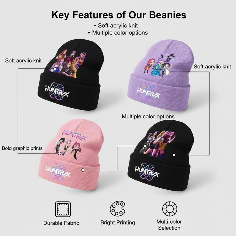New K-Pop Demon Hunters Knitted Hat, Velvet Material, Warm Cap for Teens and Adults, Trendy Cartoon Print, Unisex Fashion Beanie, Graphic Hat