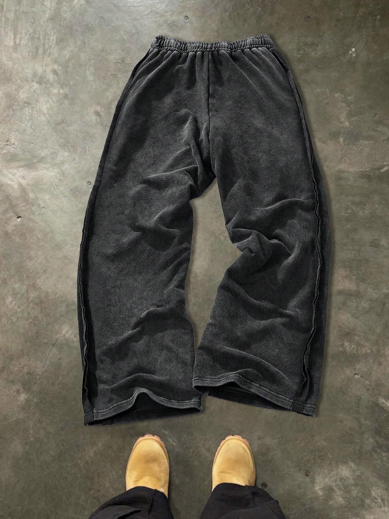 Men's Washed Cotton Sweatpants with Side Hem Stitching Design, Gothic Print Pattern, Comfortable Casual Pants for Daily Wear