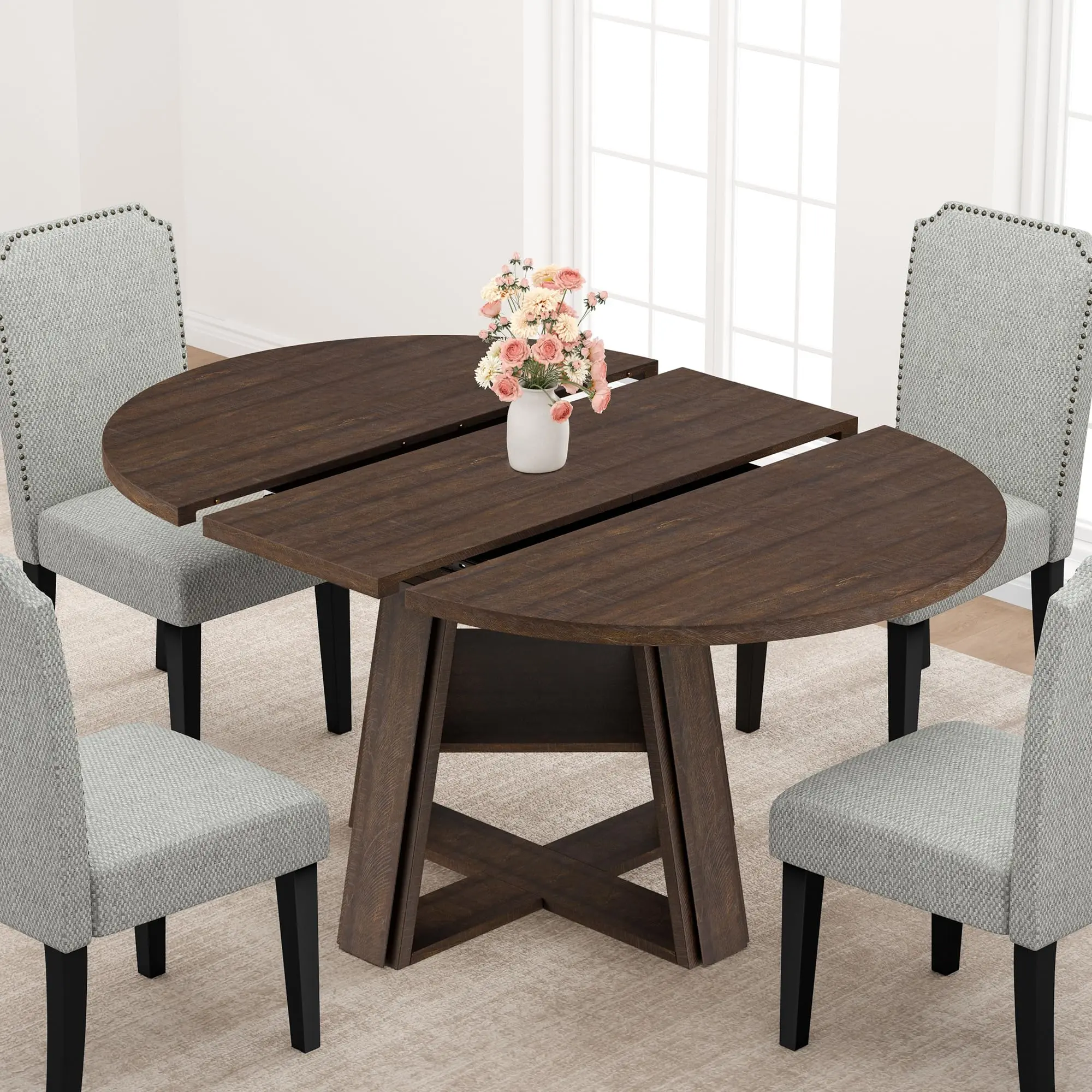 Classic Expandable‑Size Oval‑to‑Round Dining Table Only, Seats 4‑8 People, Space‑Saving Design, Sturdy Wooden Base with Lower Storage Shelf, Indoor Apartment Home Furniture, Chairs Not Included