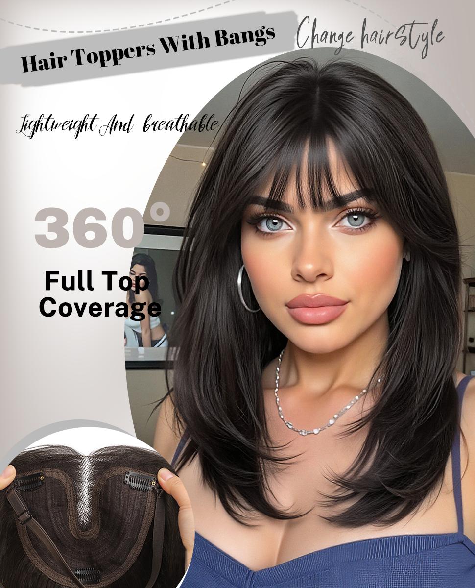 ONLYCUTE Hair Topper with Bangs 18 inch Synthetic Slightly layered Hair Piece No Wig Cap Required Large Hair Piece Natural Invisible hair toppers for Women ONLYCUTE Hair Topper with Bangs 18 inch Synthetic Slightly layered Hair Piece No Wig Cap Required Large Hair Piece Natural Invisible hair toppers for Women