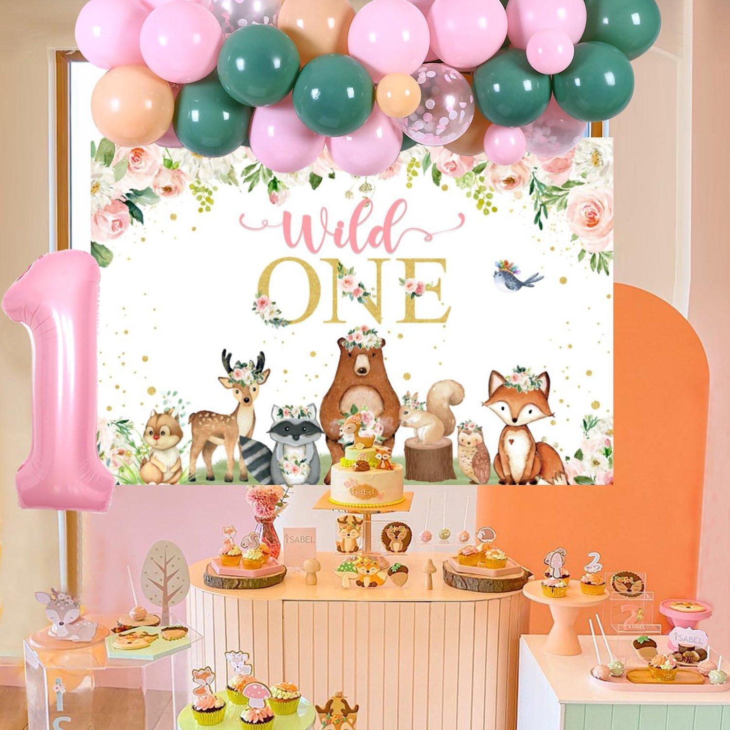 1Set Woodland 1anniversary birthday decorations Wild One Balloon Garland Arch Kit with Backdrop for Forest Animals Woodland Creatures First Party Supplies