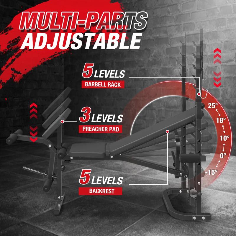 8 in 1 Olympic Weight Bench Set with Leg Extension and Leg Curl, Multi-Function Bench Press Set with Preacher Curl Pad and Chest Fly, Full-Body Strength Training Equipment Workout Station Workout Machine