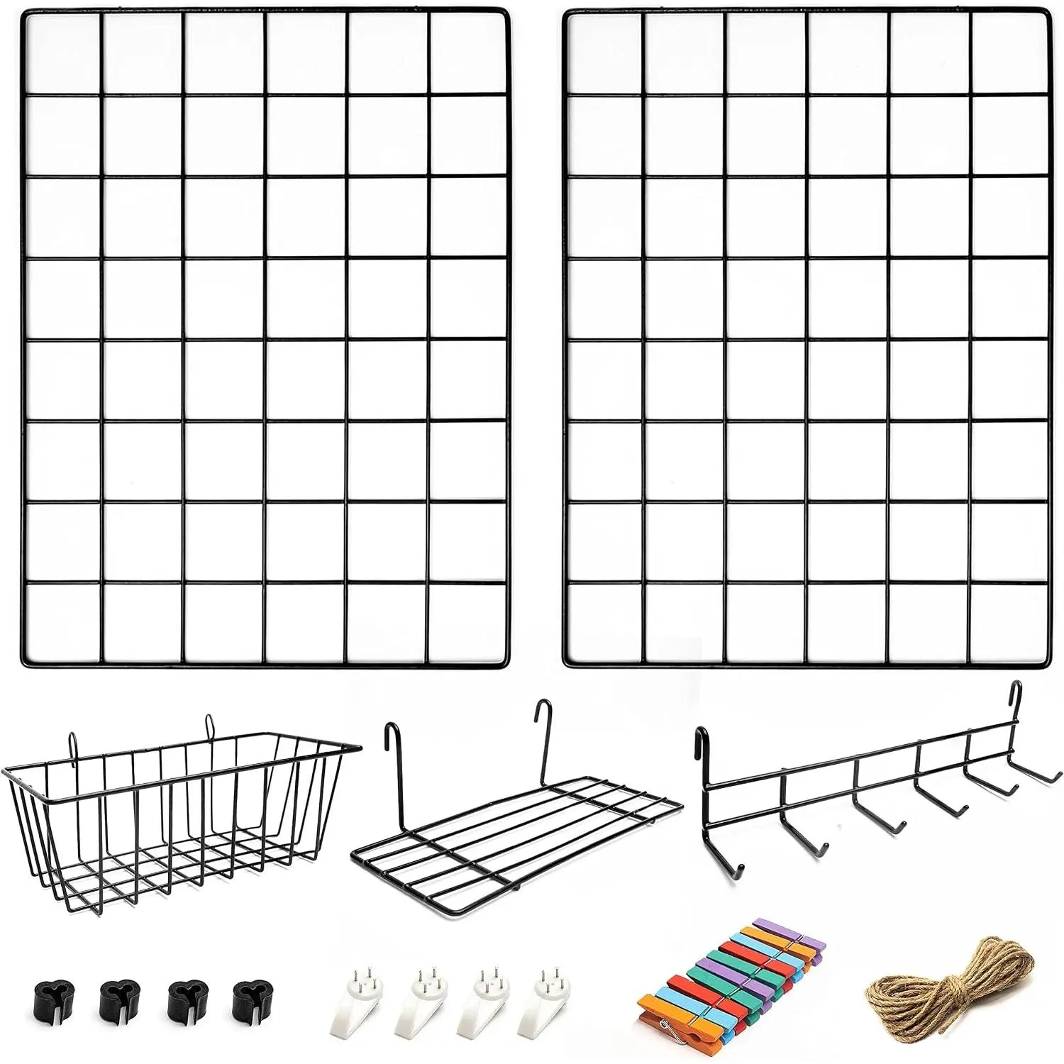 2 Pack Wire Wall Grid Panel With Accessories | Hanging Basket, Shelf & Hook Rack | Photo Grid Wall Panels | Home, Office & Kitchen Décor | Metal & BlackGift