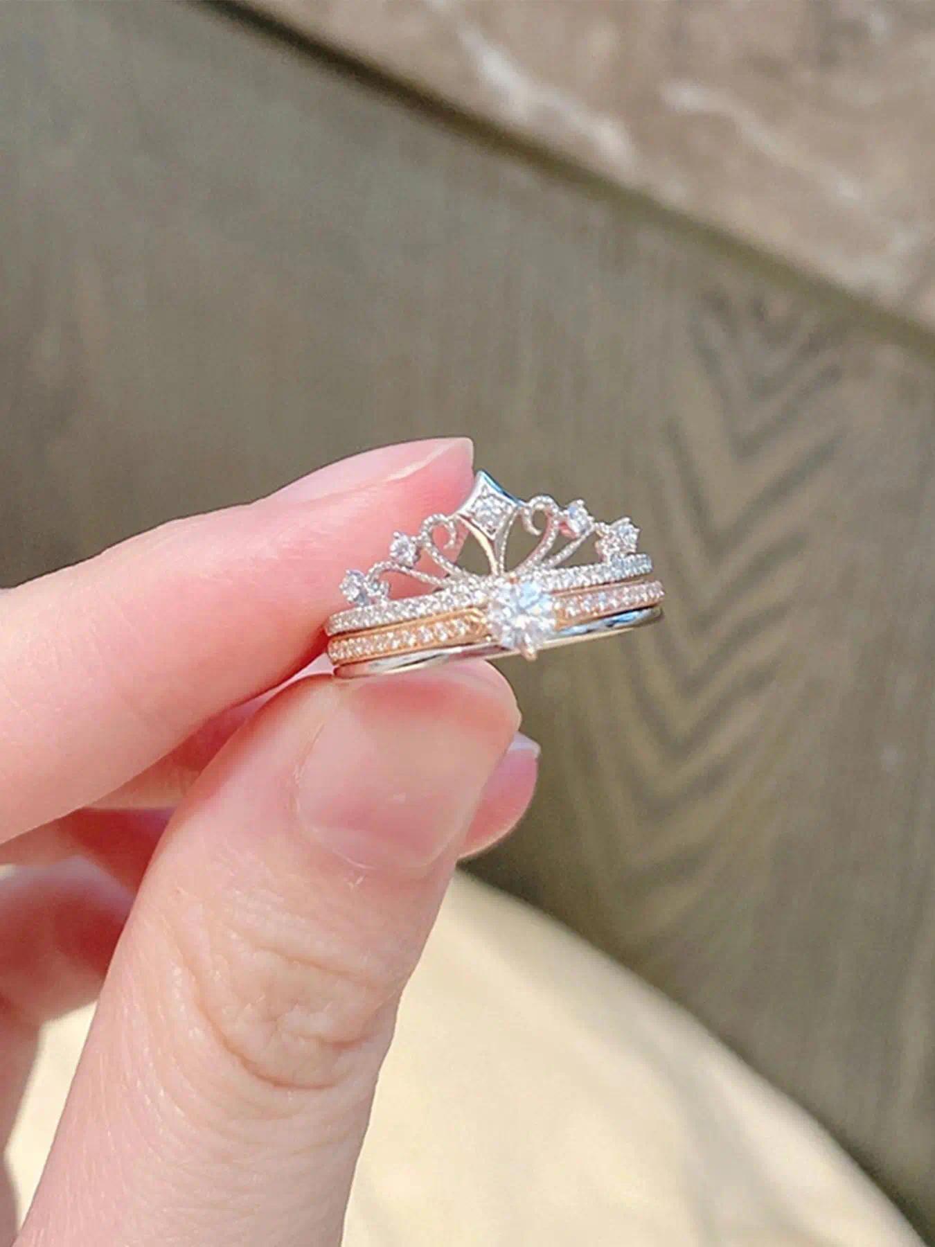 Firework Castle Ring - Princess Sparkling Crown Ring. Double Layer 2-in-1 Adjustable Rose Gold. Luxury versatile engagement ring, delicate jewelry gift for wife, girlfriend, mom. Ideal Mother’s Day & anniversary gift. Elegant, sparkling & daily wearable.