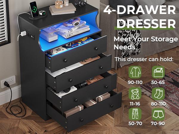 Hasuit Black Dresser with Charging Station, 4 Drawers LED Dresser for Bedroom, Chest of Drawers with Open Space, Large Capacity Tall Storage Cabinet, Black Dressers for Bedroom