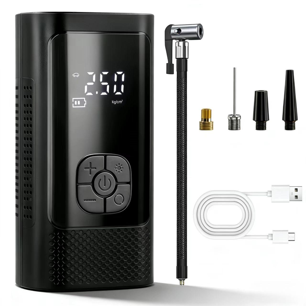 Portable wireless inflation pump, multi-function air compressor, 4500 mAh battery and camping lamp, fast inflation and mini design, suitable for inflating/deflating mattresses, pool pumps, vacuum storage bags, black, Camping accessories