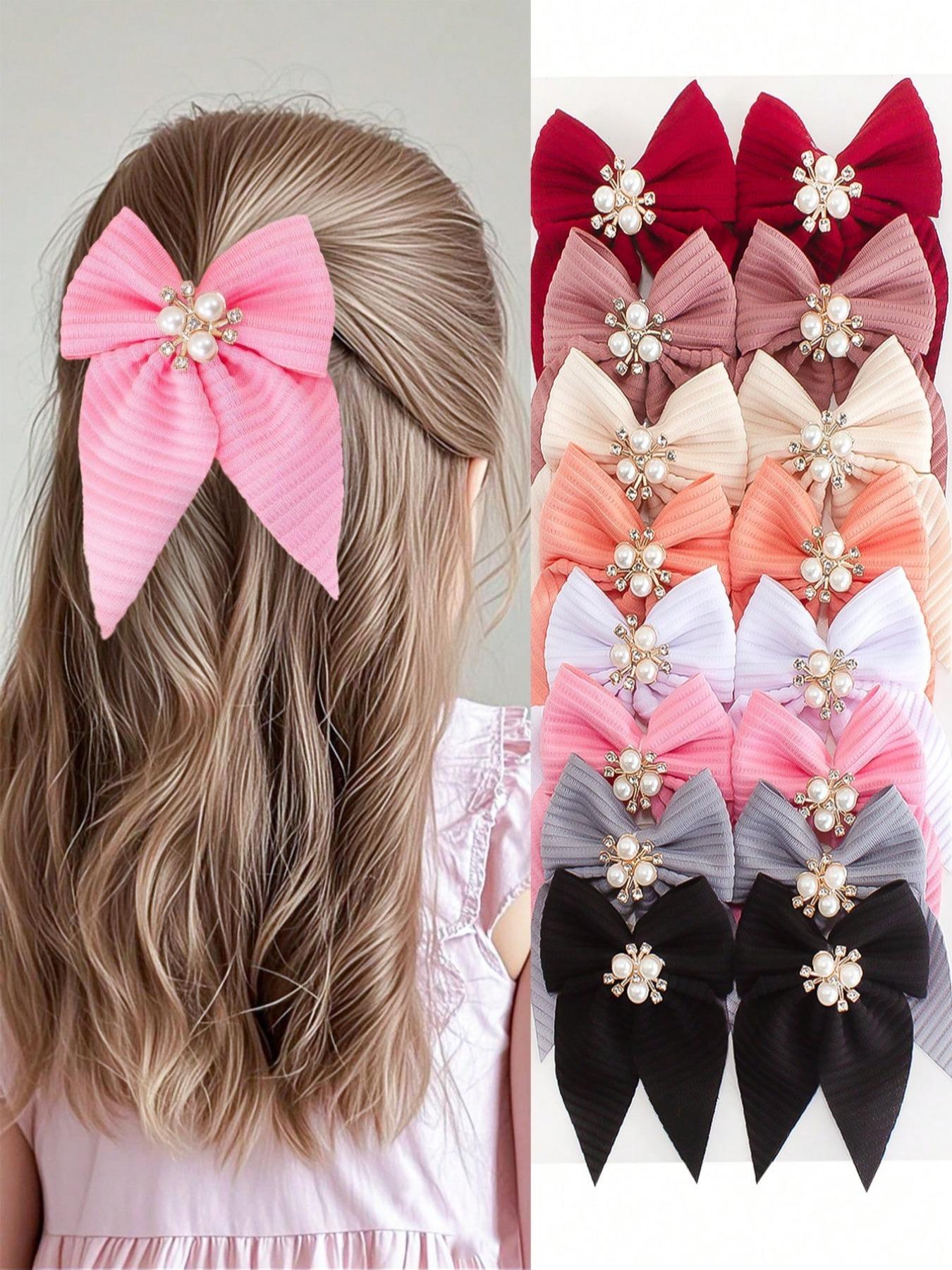 8pcs/Set Girls Solid Color Textured Bow Pearls Crystal, Elegant Princess Hair Accessories Sets For Daily Use
