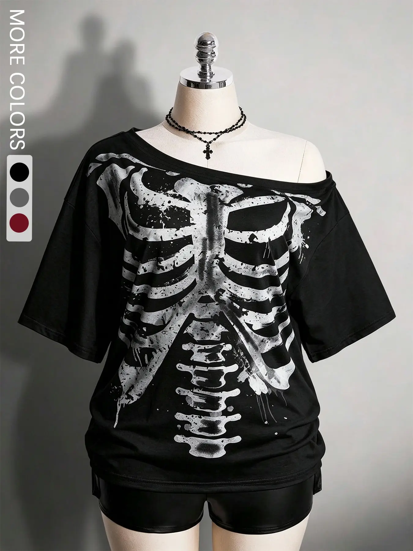 Women's Casual Asymmetrical Neckline T-Shirt, Punk Grunge Skeleton Graphic Tee, Loose-Fit Short Sleeve Top for Nightclub & Daily Wear