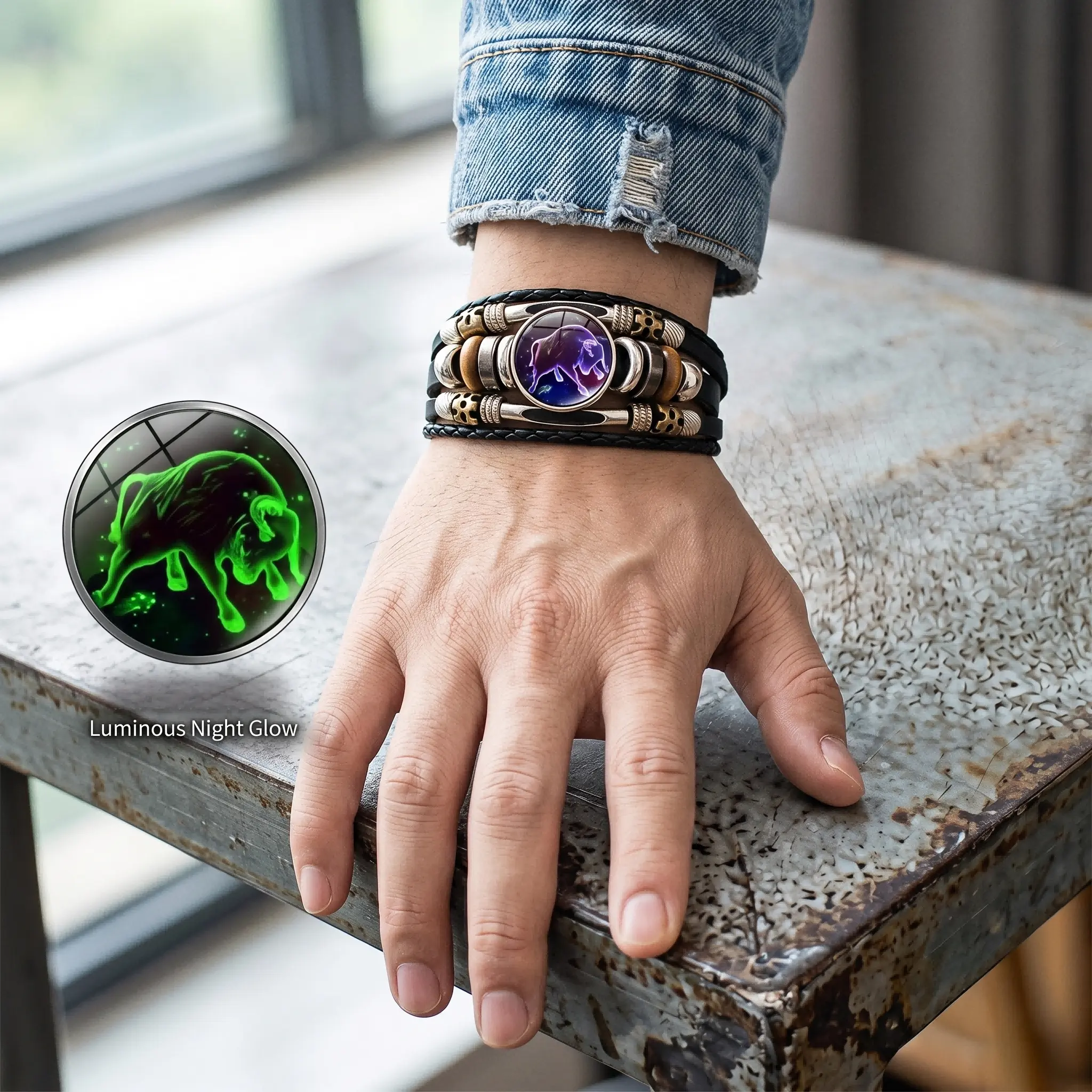 Glow-in-the-Dark Leather Zodiac Bracelet - Unisex Premium Leather Strips Bracelets & Bangles, Vintage Wrap-Around Design, Adjustable Sliding Clasp, Ideal Gift for Astrology Enthusiasts