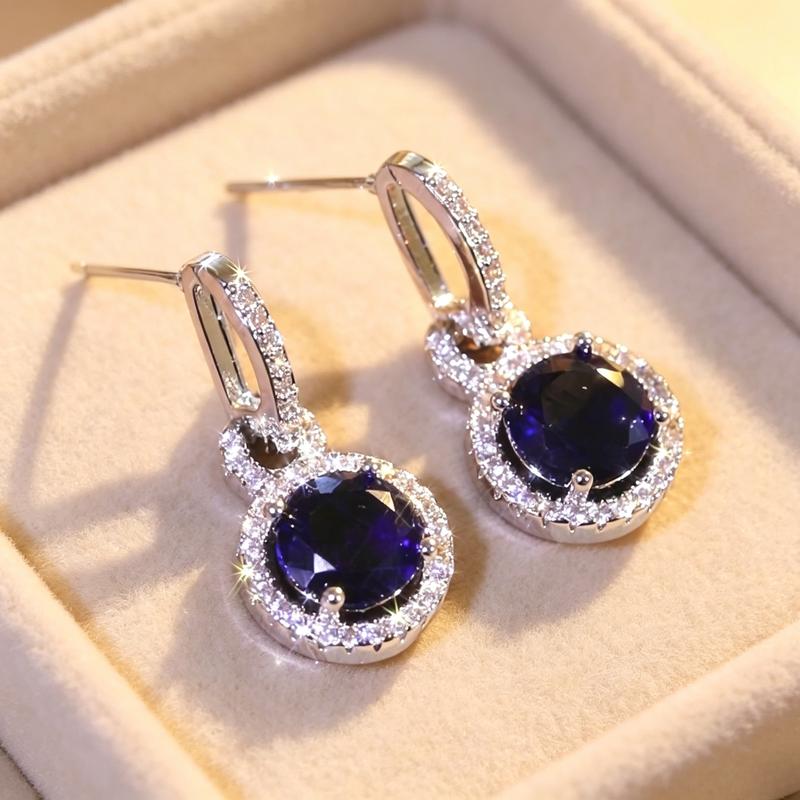 Women's High Quality Deep Blue Round Halo Drop Dangle Earrings - Pave Accent Leverback, Feminine Aesthetic Bling Statement Aesthetic Ear Jewelry for Valentine Banquet Gift