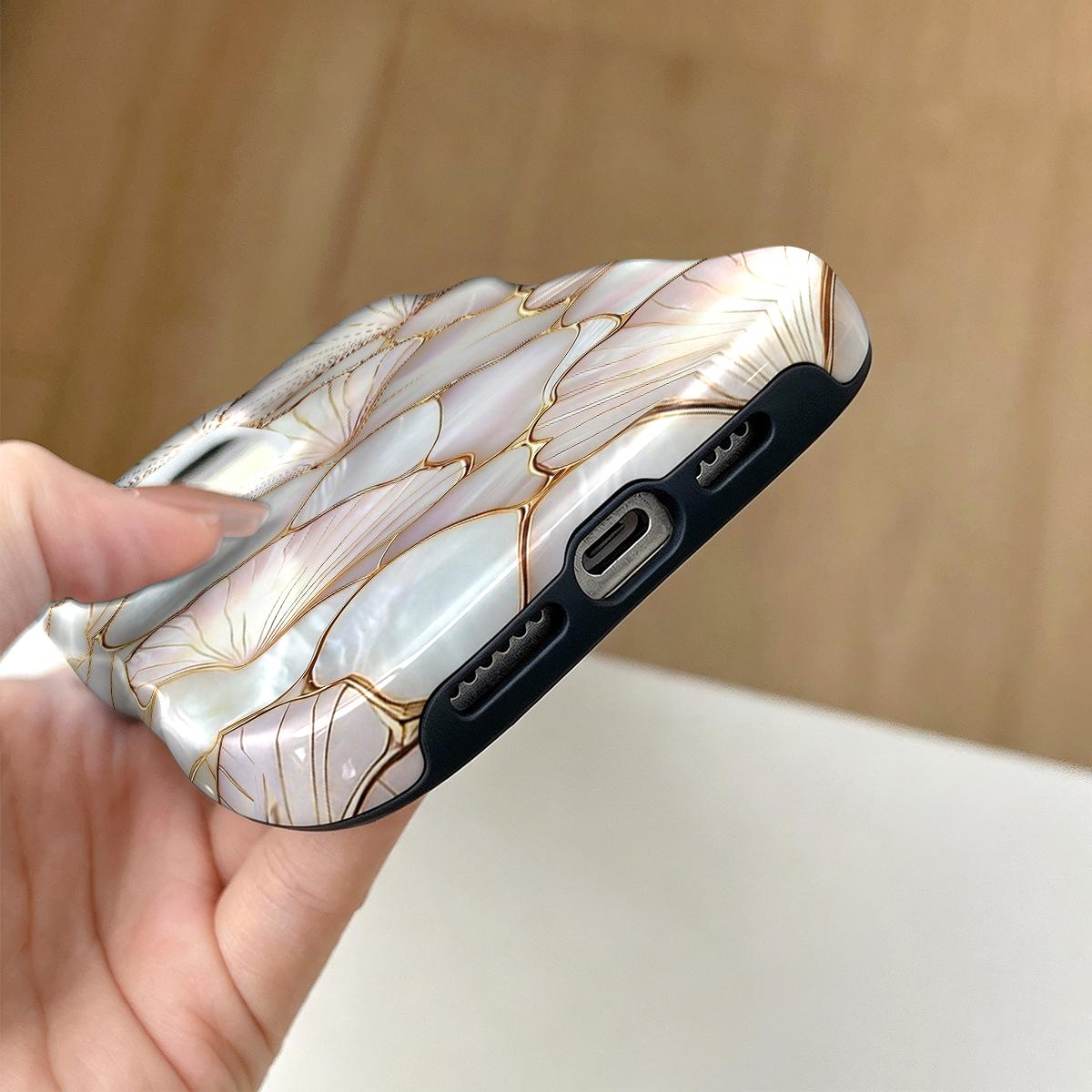 Shockproof Protective Smartphone Case for 6.1-6.7" Phones, Dual PC+TPU Blend with 2D Pearl Shell Ginkgo Leaf Golden Line Print, Marble Design, Camera Cover, Wavy Curved Raised Edges, Glossy Finish, Non-Slip, Easy Installation, Aesthetic Boost
