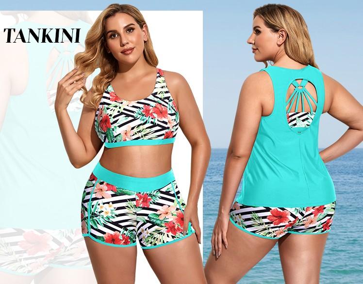 Holipick Women Plus Size Three Piece Tankini Swimsuits Tummy Control Bathing Suits with Boy Shorts Tank Top with Sports Bra