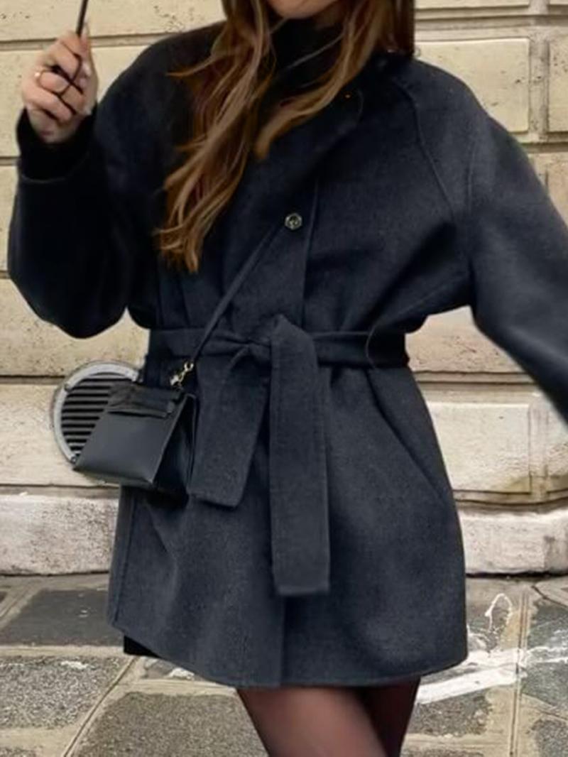 Elegant Stand Collar Belted Long Coat Jackets, Plain Pattern, Fitted Style, Long Sleeve, Casual Fall & Winter Outerwear