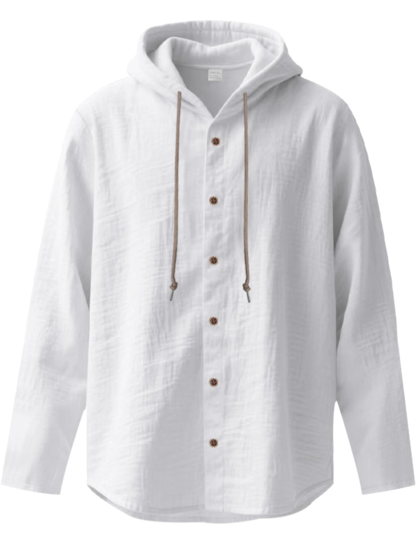 Men's Solid Color Linen Hooded Long Sleeve Shirt, Loose Fit Casual Beach Vacation Style, Comfortable Spring Summer Fashion