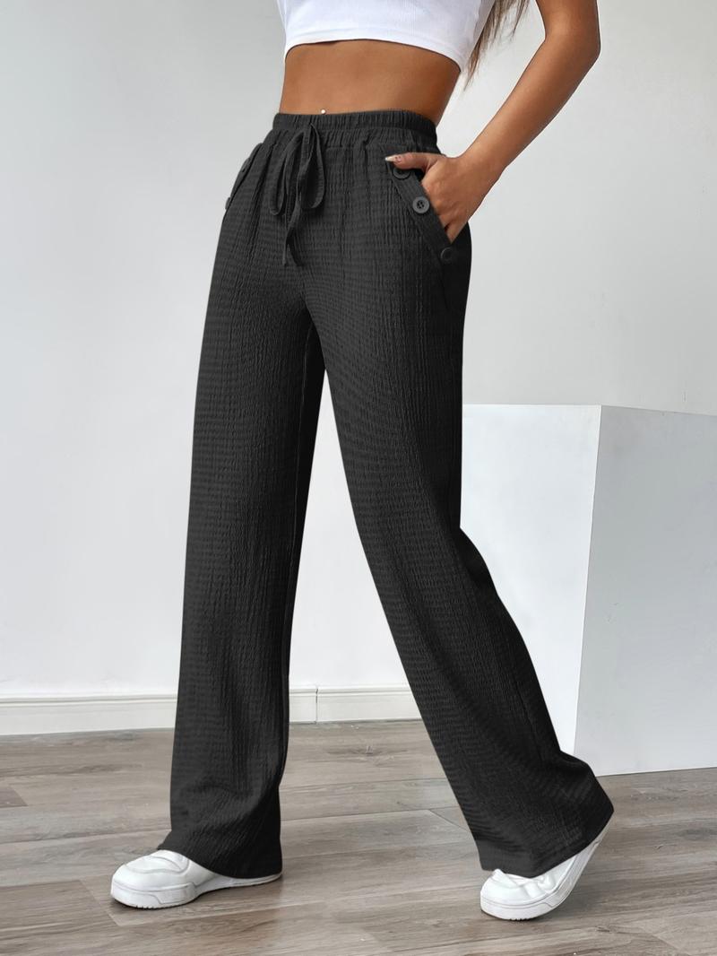 Women's Autumn Casual Faux Drawstring Texture Pocket Pants, Comfortable Long Trousers for Daily Wear, Stylish Ladies' Fashion Apparel, Womenswear, Bottoms