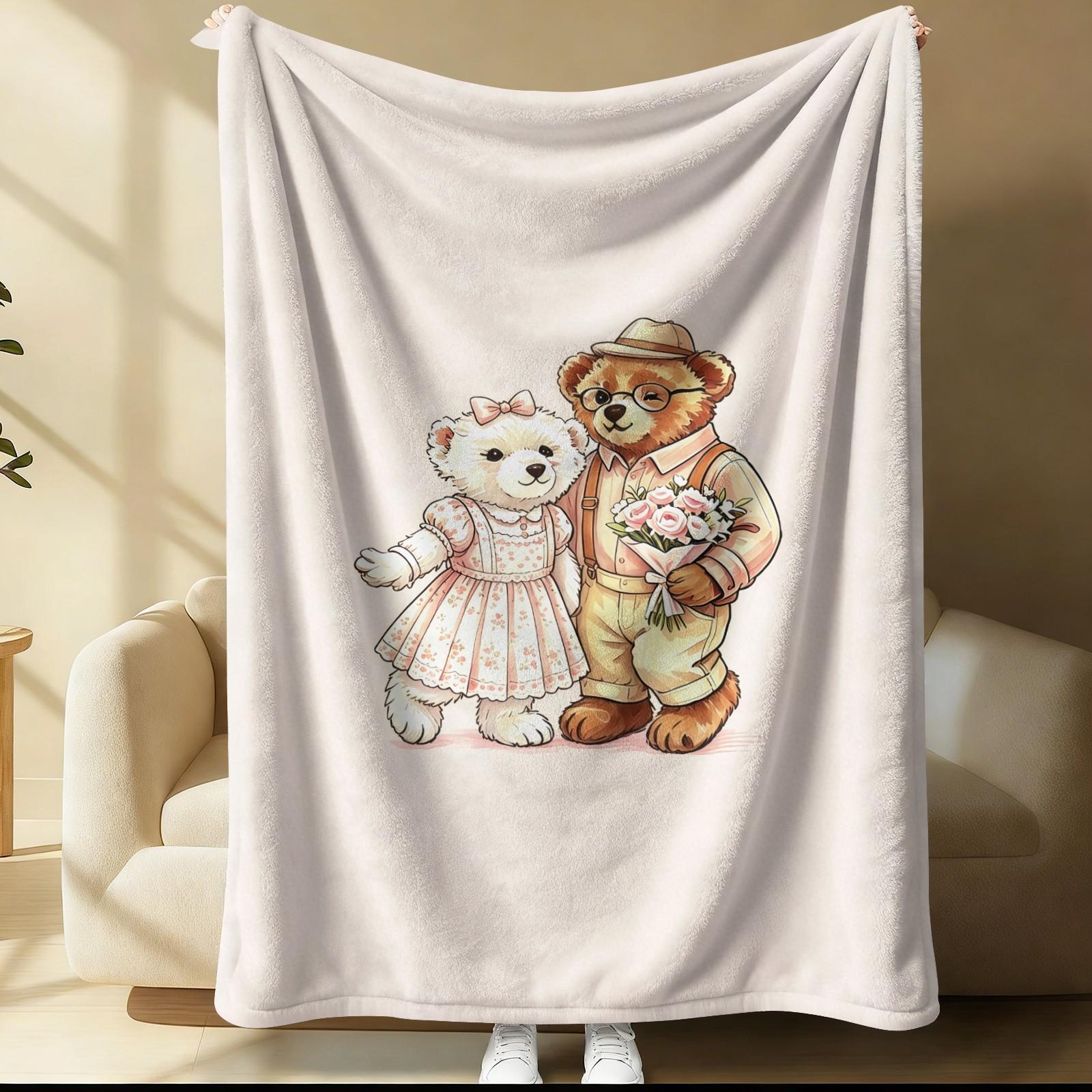 Cute Couple Bear Throw Blanket, Soft Skin-Friendly Plush Fleece, Lightweight Cozy Blanket for Couch Bed Office, Sweet Romantic Bear Print, for Girls Teens Women, All Seasons, Aesthetic Room Decor, Perfect Gift
