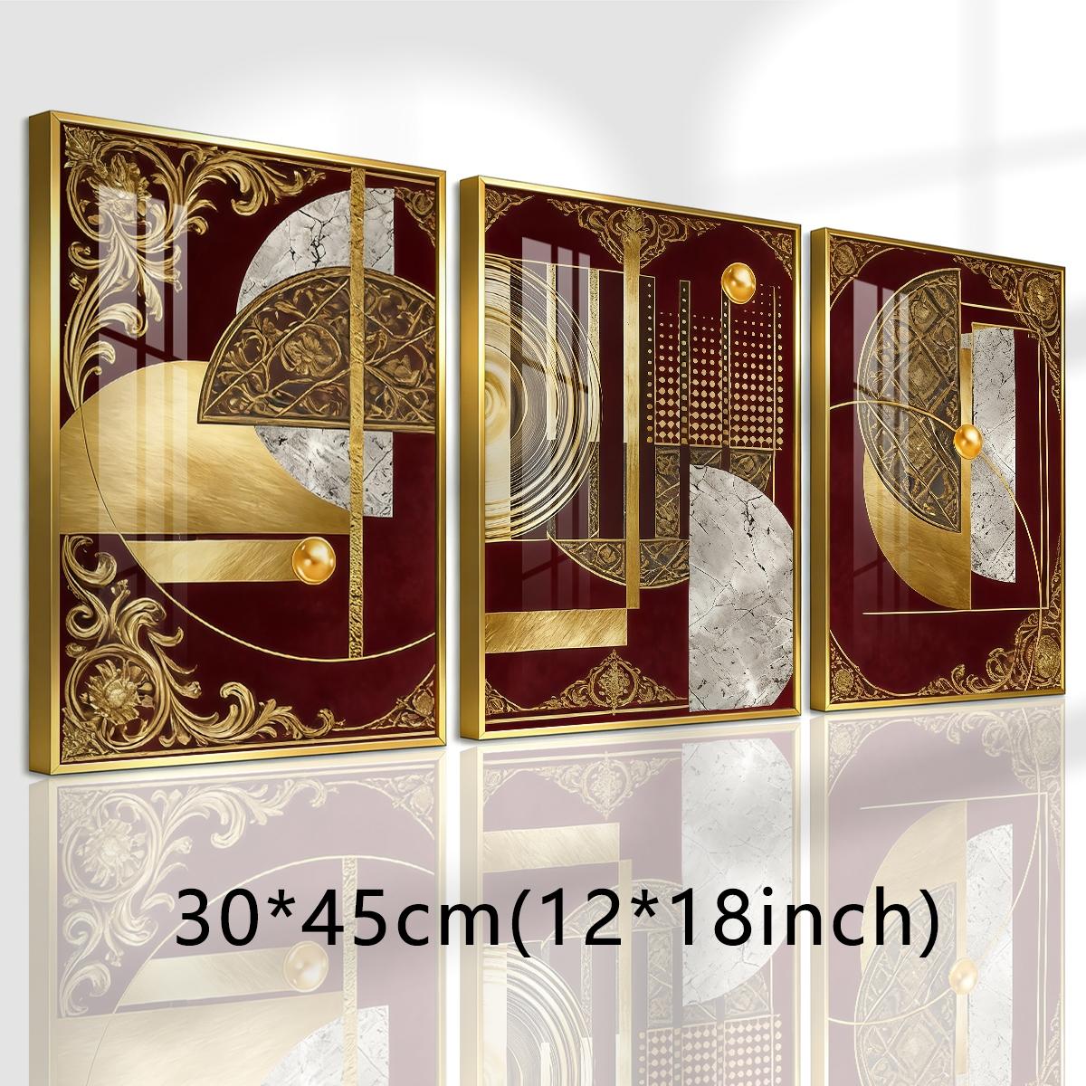 3 Counts Aluminum Alloy Framed Painting, Abstract Geometric Gold And Burgundy Art, Home Decoration For Living Room, Bedroom, Office, Restaurant, Hallway Wall Decor, Odorless Print Artwork, Luxury Perfect Gift For Friends And Family