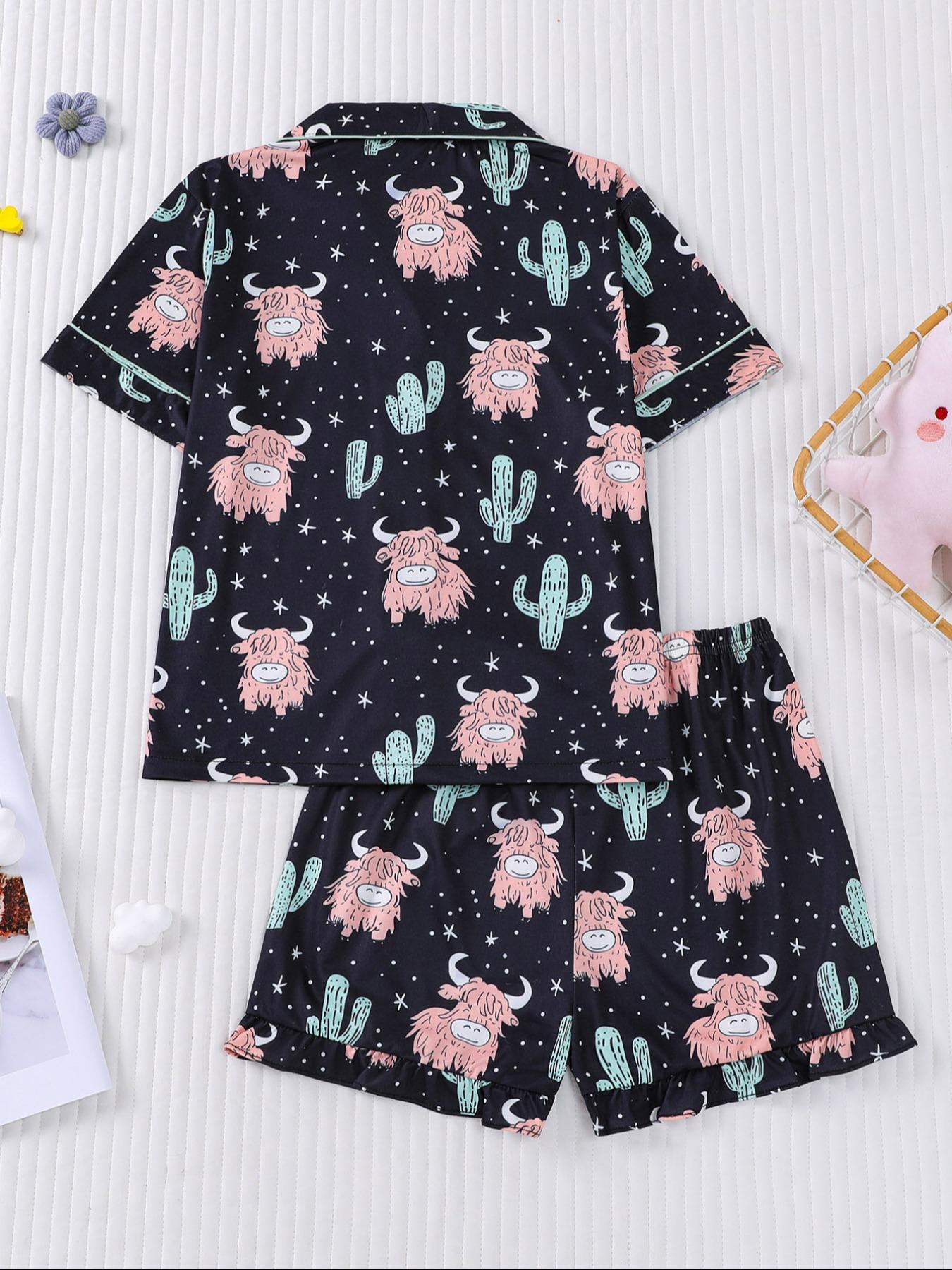 Children's pajamas 2 sets of cute little yak printed children's pajamas for girls and boys, new for summer 202, flame retardant, thin short-sleeved shorts 2 sets of pajamas for children can be worn outside as home clothes 2 sets of Print Sleepwear