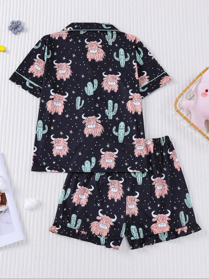 Children's pajamas 2 sets of cute little yak printed children's pajamas for girls and boys, new for summer 202, flame retardant, thin short-sleeved shorts 2 sets of pajamas for children can be worn outside as home clothes 2 sets of Pajama Lounge Sets