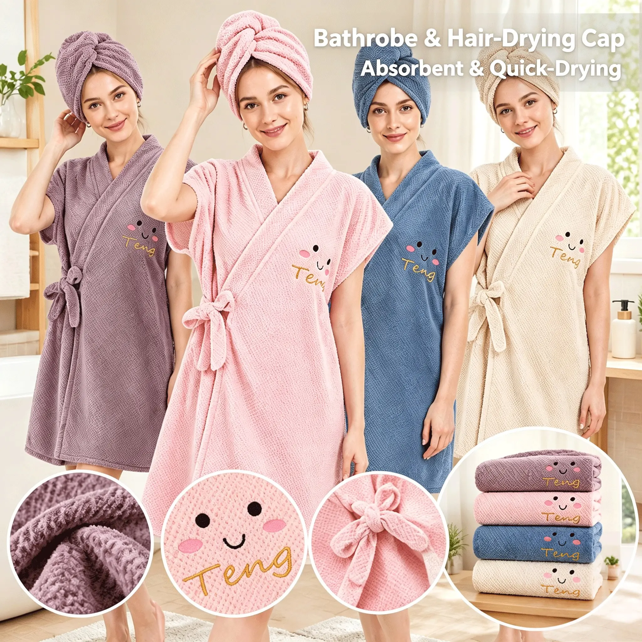 Short Sleeve Bath Robe with Tie Belt & Microfiber Hair Towel Set, Lightweight Fluffy Bathrobe for Women, Soft Spa Robe and Quick Dry Hair Cap for Shower Home Hotel Travel Bathroom Spa Swim