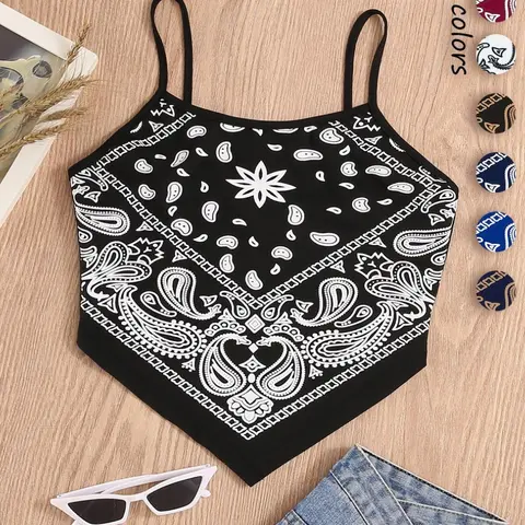 Women's Paisley Print Asymmetrical Hem Crop Woven Cami Top, Summer Clothes Women, Boho Style Sleeveless Cropped Top for Summer, Fashion Casual Ladies Top for Beach Vacation Holiday Bohemian, Beachy Tops