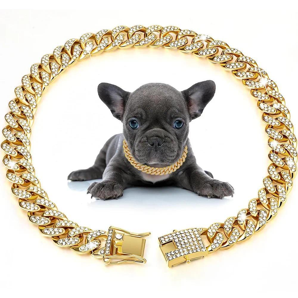 1/2Pcs Dog Chain Diamond Cuban Collar Walking Metal Chain Collar With Design Secure Buckle Pet Cat Cuban Collar Accessories