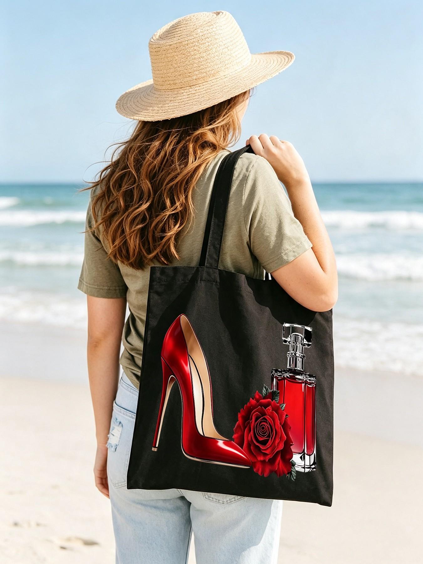 Fashion Aesthetic Canvas Tote Bag Set for Women, Heels Rose Perfume Print, Large Capacity Shoulder Bag & Cosmetic Pouch, Reusable Handbag