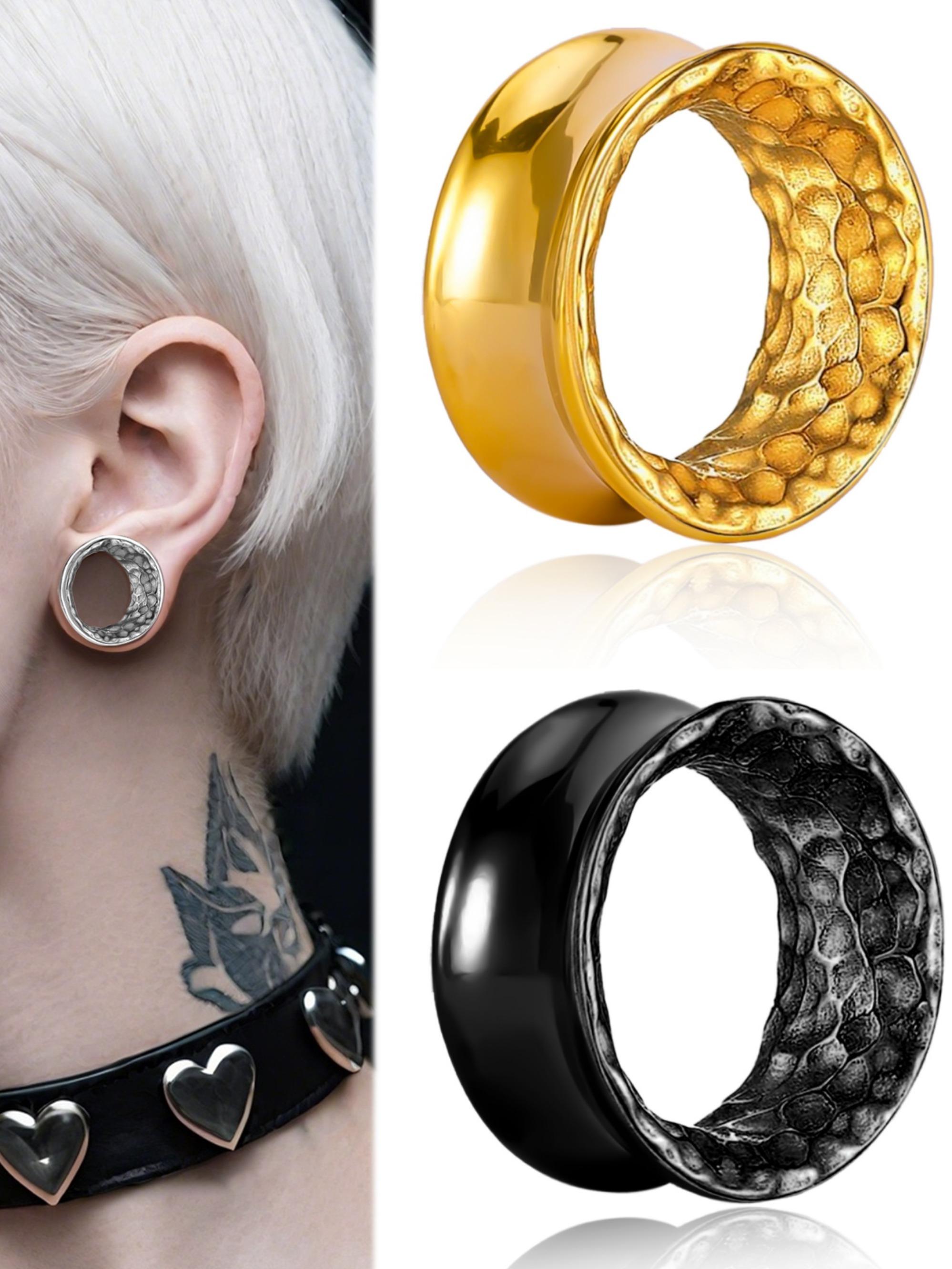 vanku 2pcs Hammered 316L Stainless Steel Ear Tunnels, Unisex Hip-Hop Punk Piercing Jewelry, Casual Style, Plain Pattern, All Seasons